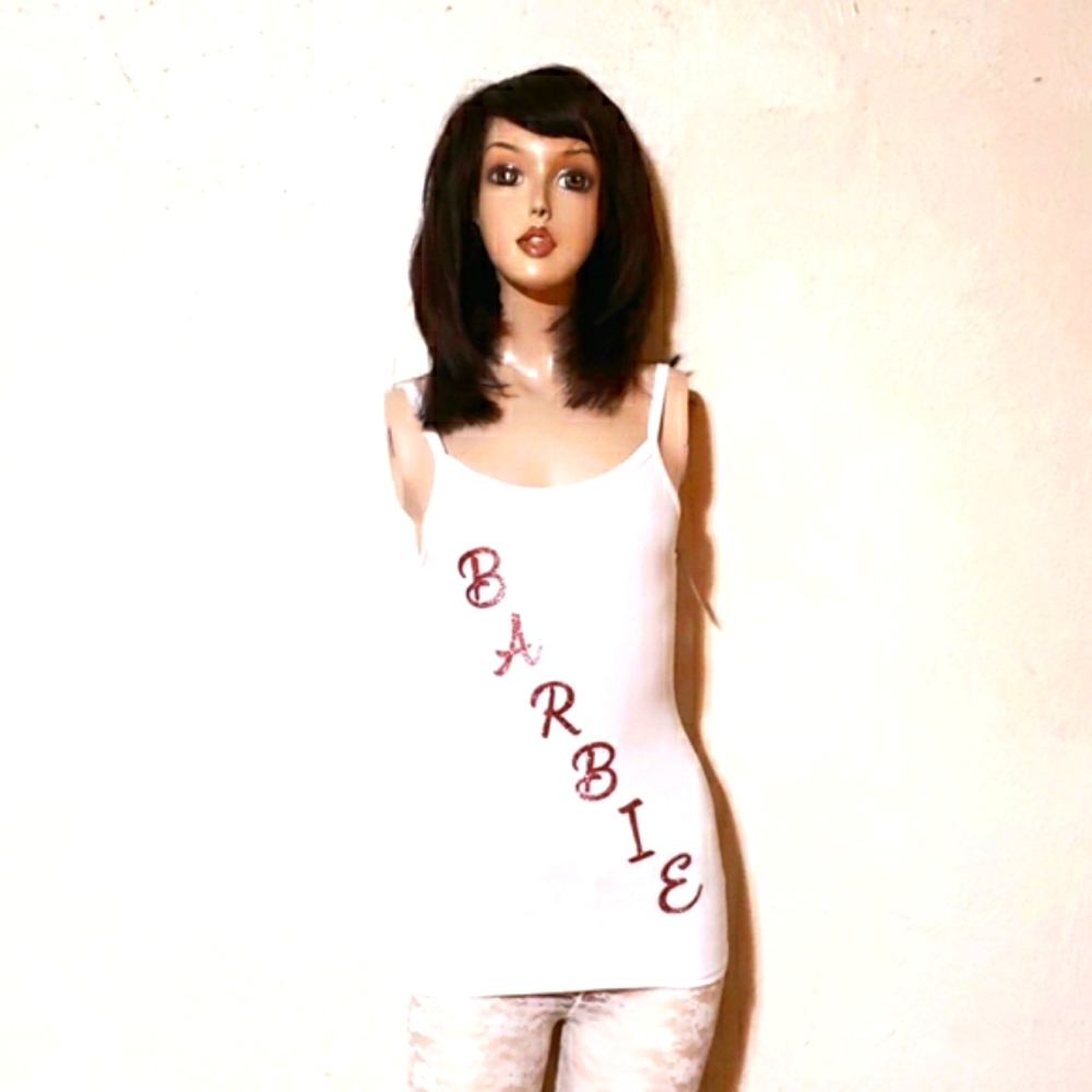 NWT Custom Pink Shimmer 🎀"BARBIE"🎀 Ribbed Cami White Tank Top